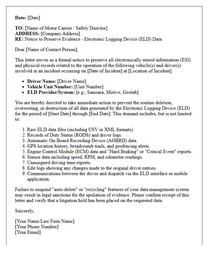 Electronic Logging Device Data Preservation Letter