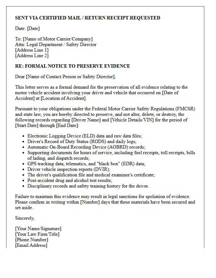 Driver Hours of Service Log Preservation Letter