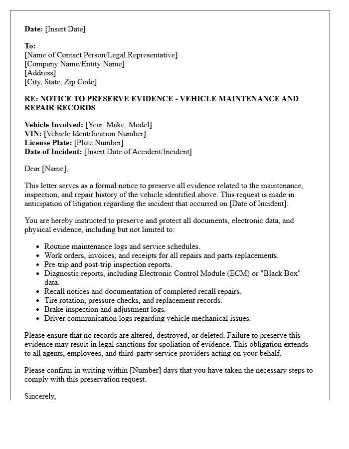 Vehicle Maintenance and Repair Log Preservation Letter