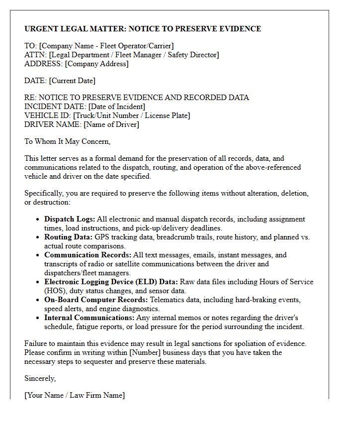 Fleet Dispatch and Routing Communication Preservation Letter