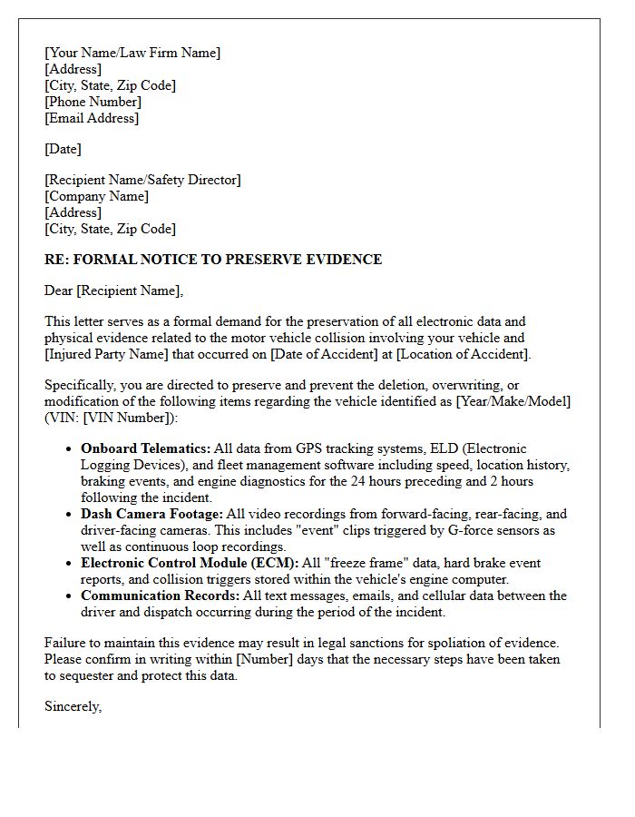 Onboard Telematics and Dash Camera Data Preservation Letter