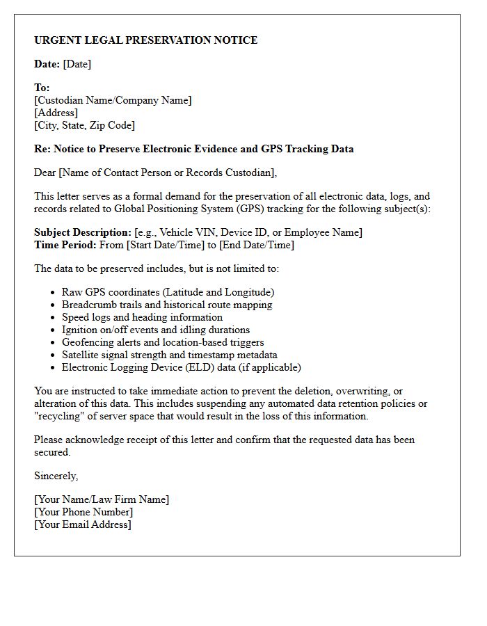 Global Positioning System Tracking Log Preservation Letter