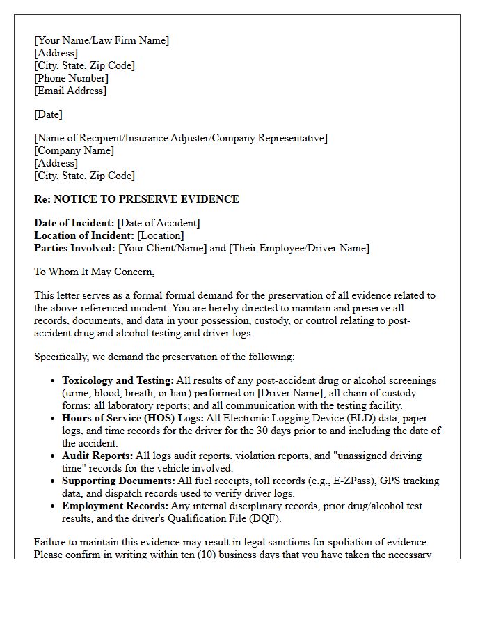 Post-Accident Toxicology and Testing Log Preservation Letter
