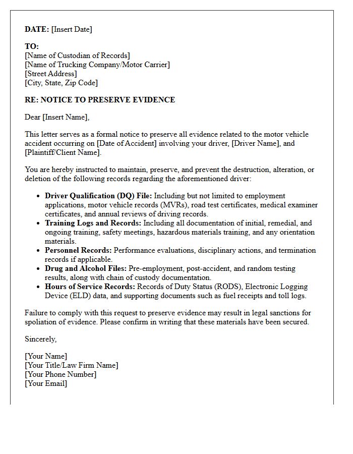 Driver Qualification File and Training Log Preservation Letter