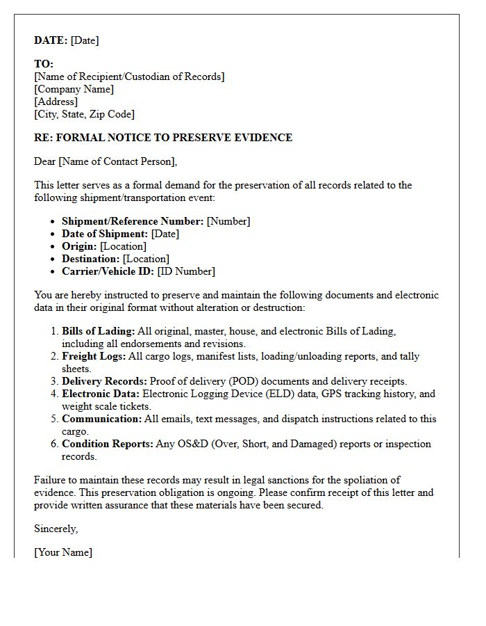 Bills of Lading and Cargo Freight Log Preservation Letter