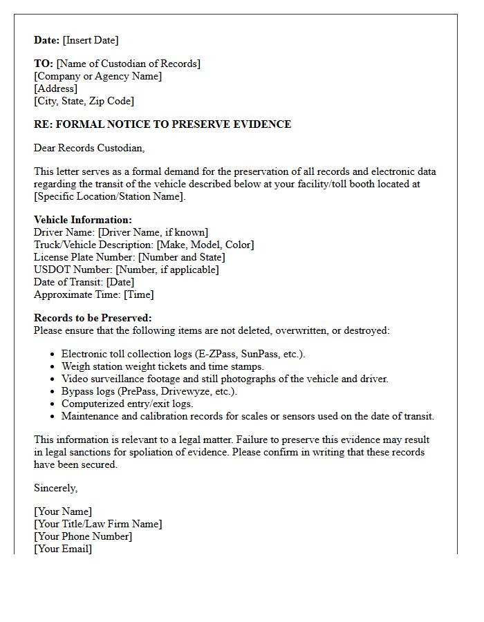 Weigh Station and Toll Booth Transit Log Preservation Letter