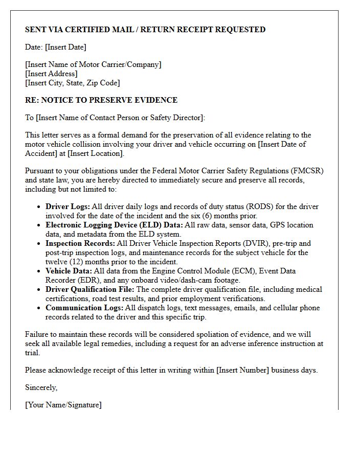 Commercial Motor Vehicle Inspection Log Preservation Letter