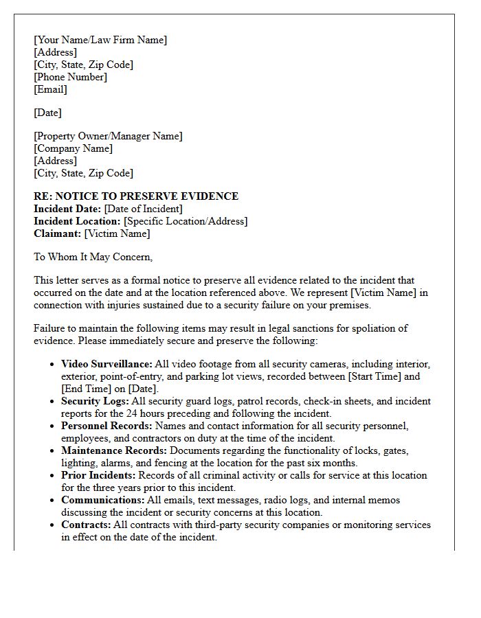 Negligent Security Incident Preservation Letter