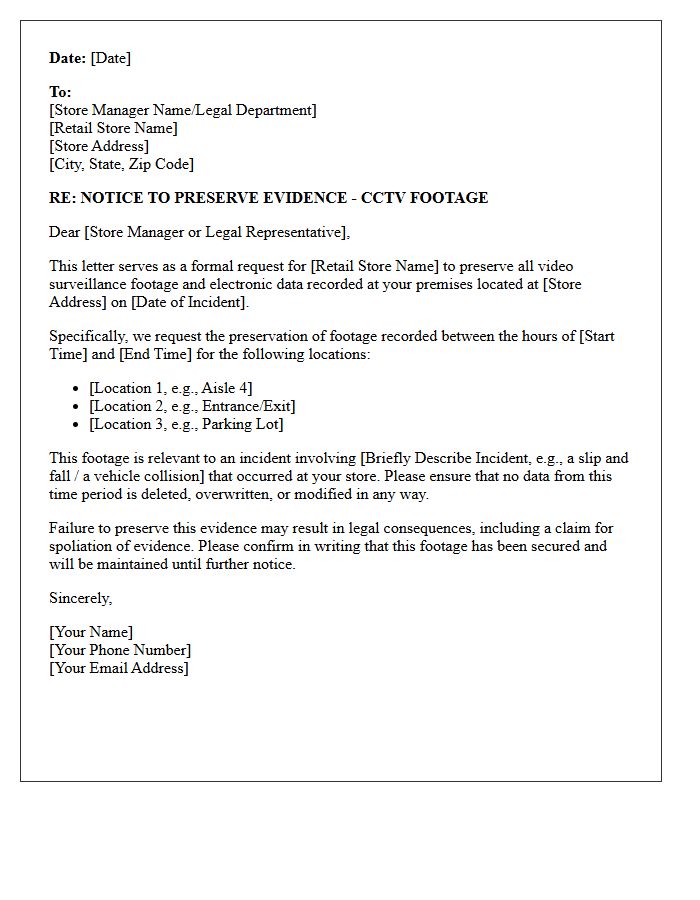Retail Store CCTV Footage Preservation Letter