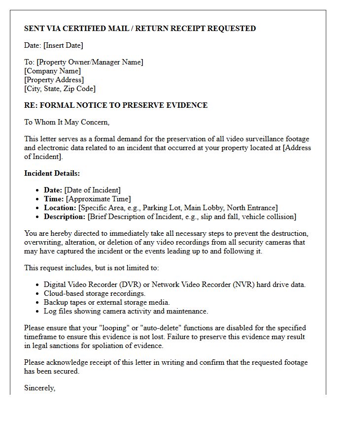 Commercial Property Video Evidence Preservation Letter