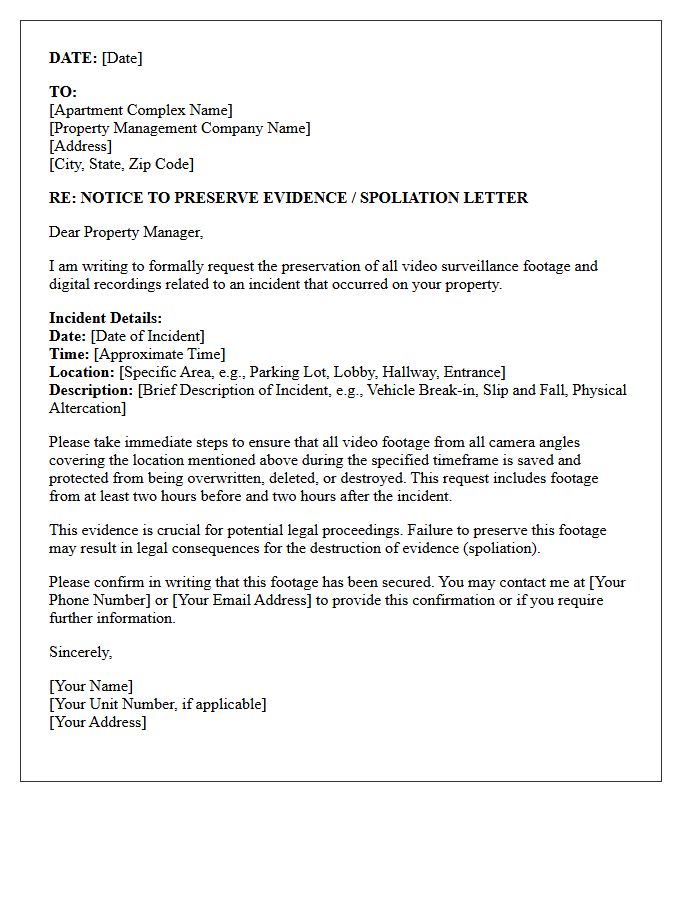 Apartment Complex Surveillance Preservation Letter
