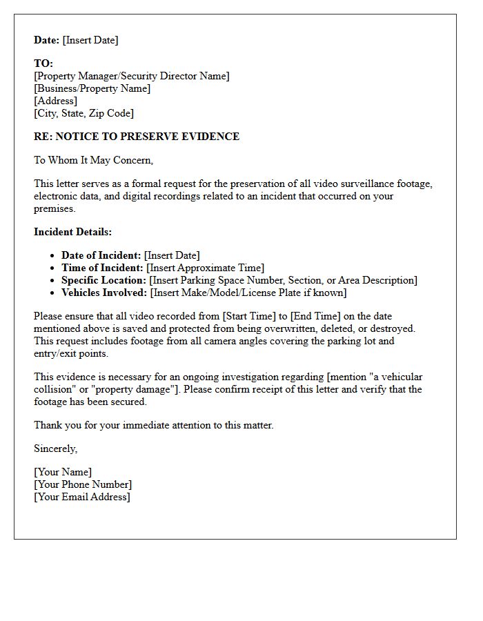 Parking Lot Incident Video Preservation Letter