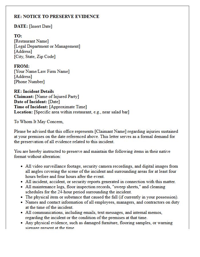 Restaurant Premises Liability Preservation Letter