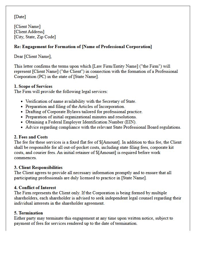 Professional Corporation Formation Engagement Letter