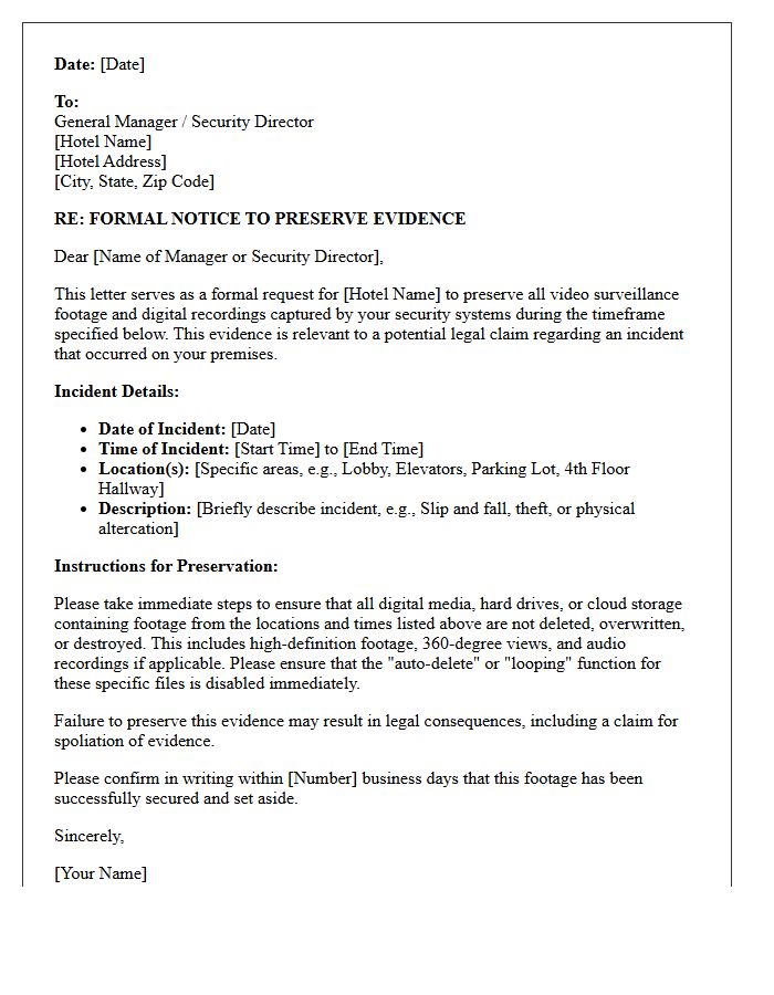Hotel Security Camera Footage Preservation Letter