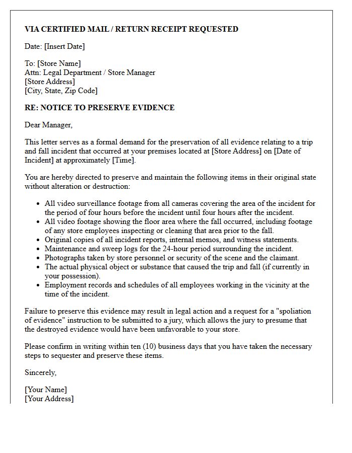 Grocery Store Trip and Fall Preservation Letter