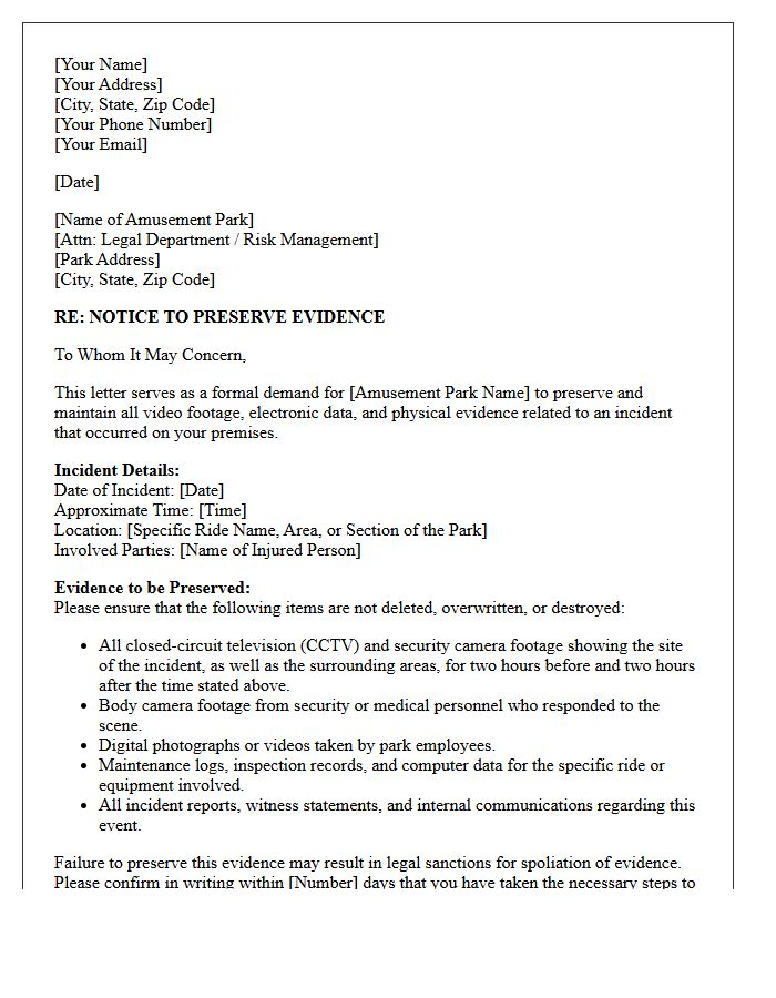 Amusement Park Liability Video Preservation Letter