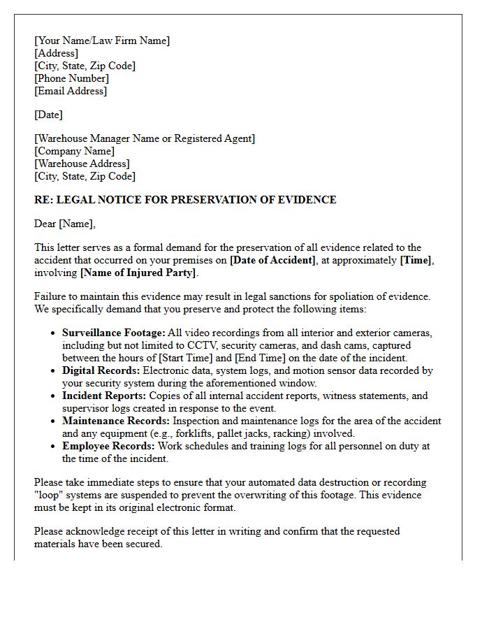 Warehouse Accident Surveillance Preservation Letter