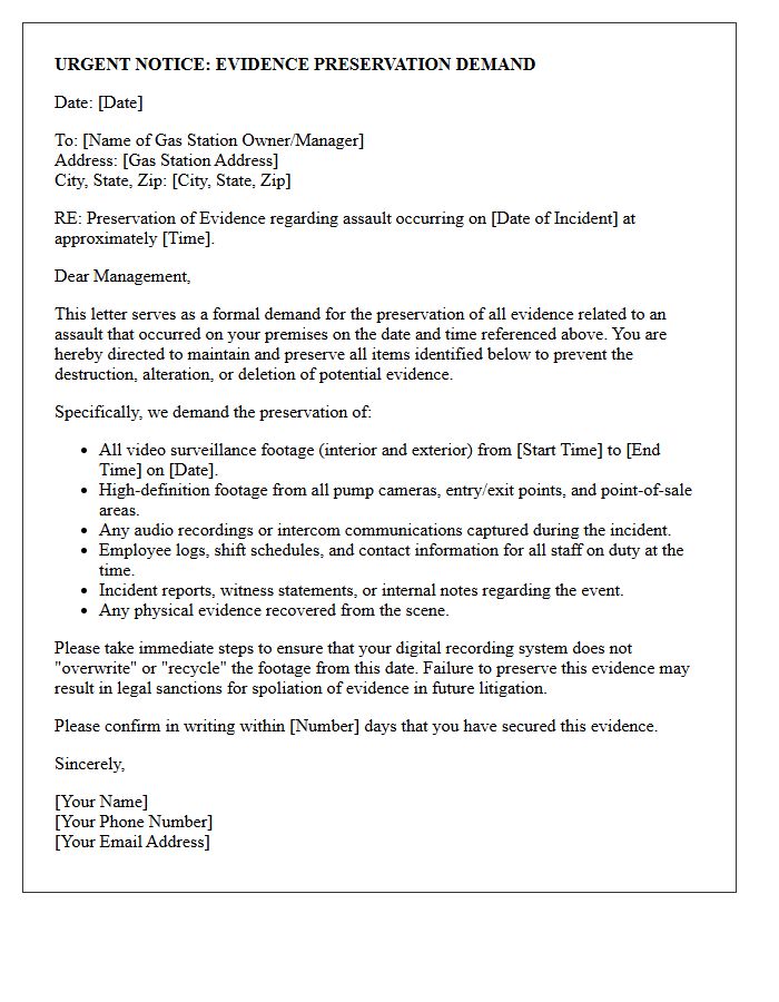 Gas Station Assault Evidence Preservation Letter