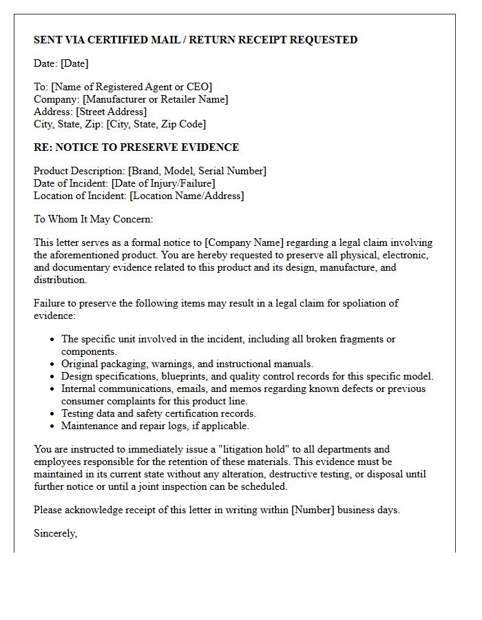 Defective Product Physical Evidence Preservation Letter
