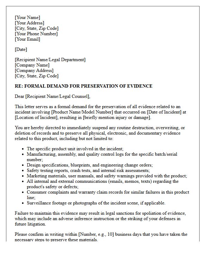 Product Liability Evidence Preservation Demand Letter