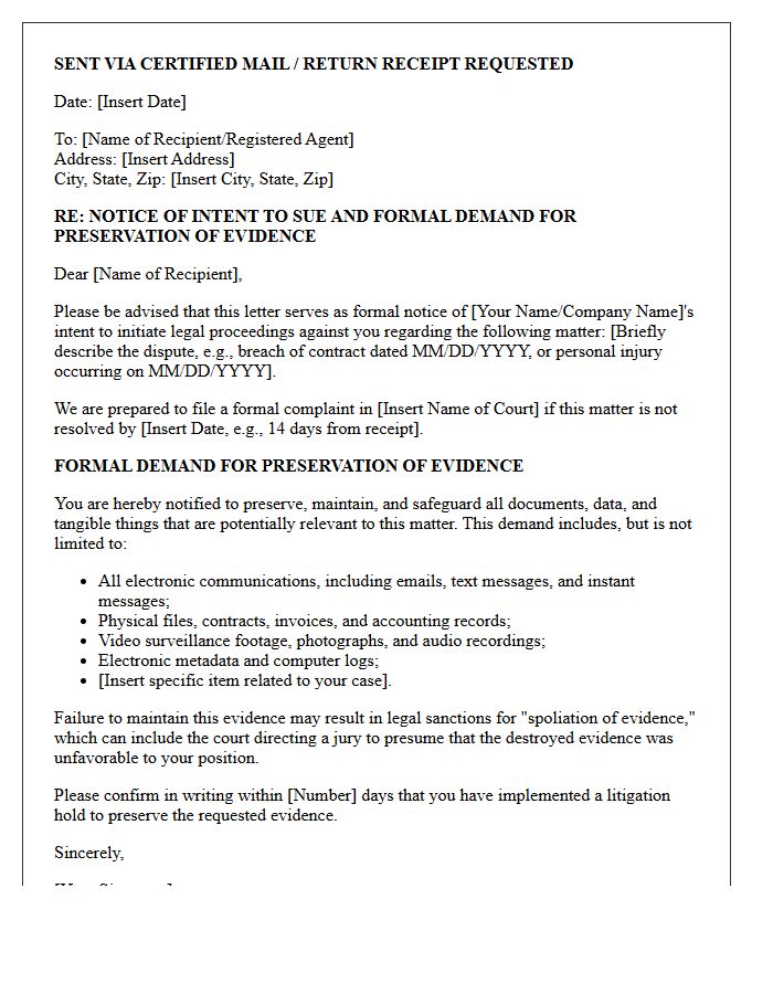 Notice of Intent to Sue and Evidence Preservation Letter