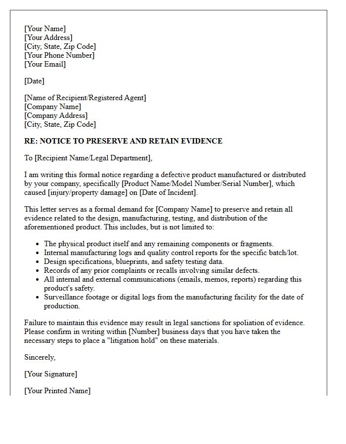 Defective Manufacturing Evidence Retention Letter