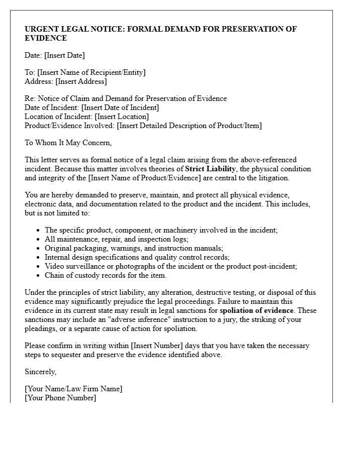 Strict Liability Physical Evidence Spoliation Letter