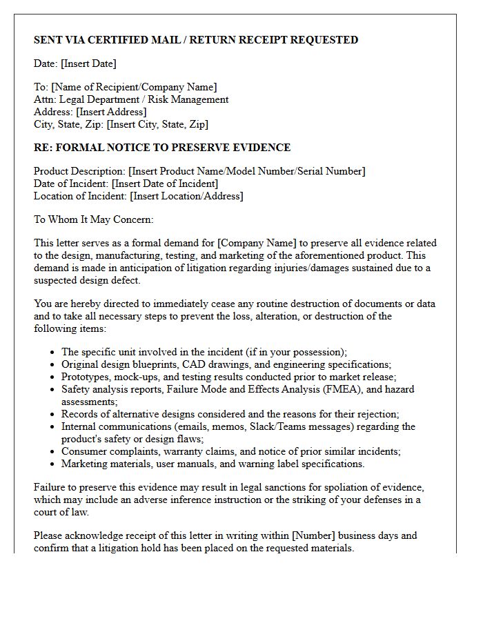 Defective Design Evidence Preservation Demand Letter