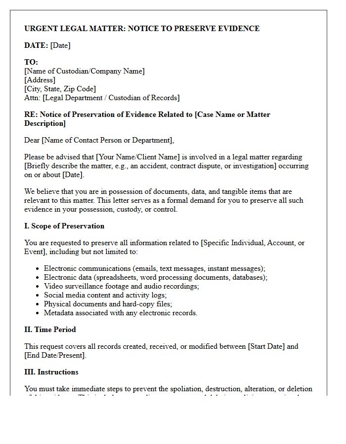 Third-Party Custodian Evidence Preservation Letter