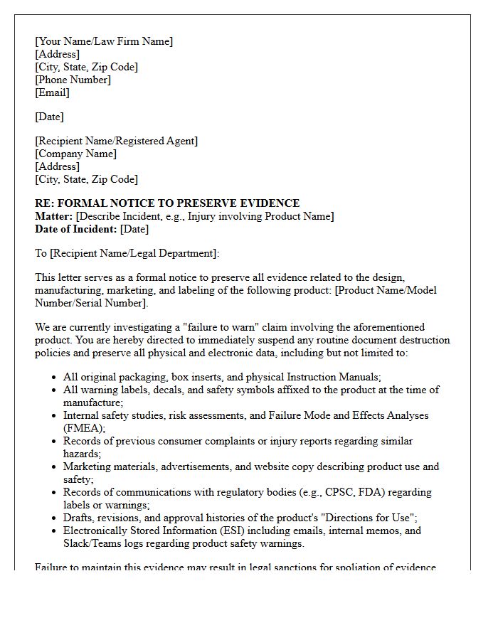 Failure to Warn Evidence Preservation Notice Letter