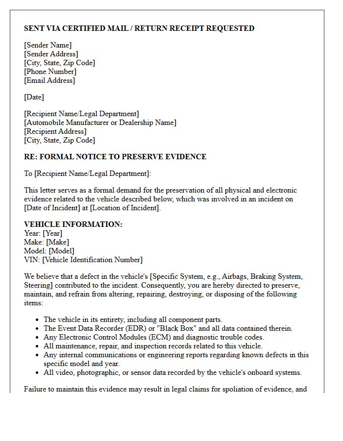 Automotive Defect Physical Evidence Preservation Letter