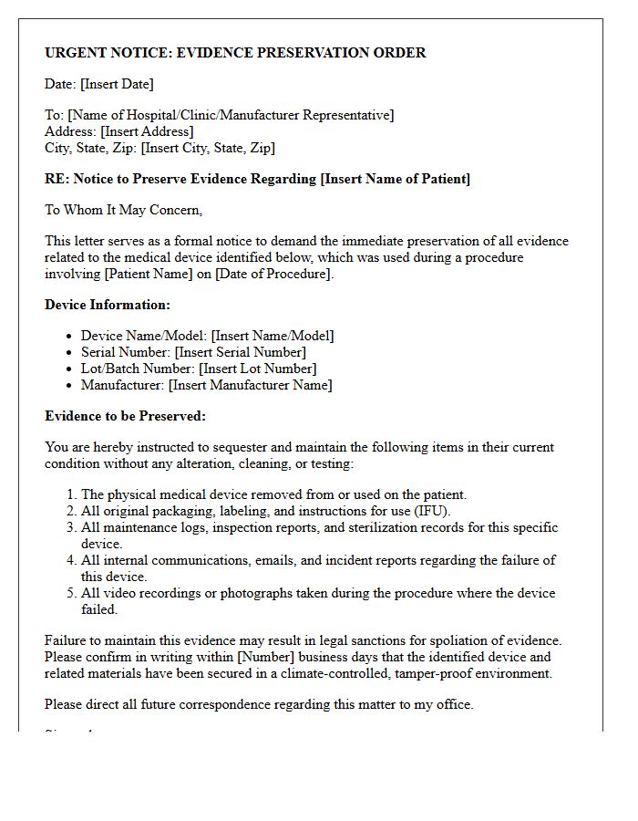 Medical Device Defect Evidence Preservation Letter