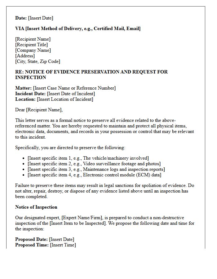Expert Inspection and Evidence Preservation Letter