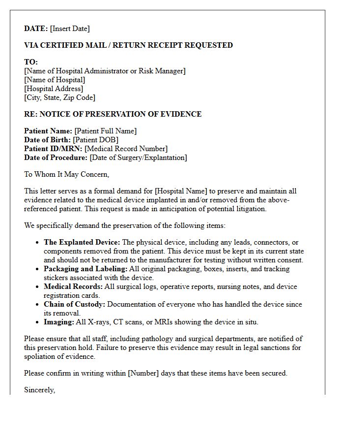 Hospital Preservation Letter for Medical Device Implant