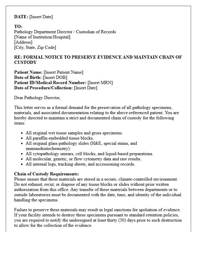 Pathology Department Chain of Custody Preservation Letter