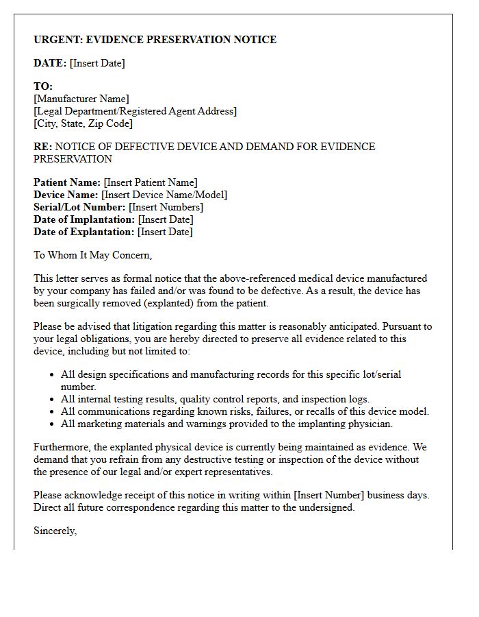 Manufacturer Notice of Defective Implant Preservation Letter