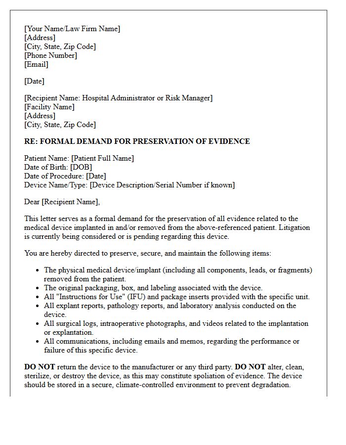 Medical Device Implant Evidence Preservation Demand Letter