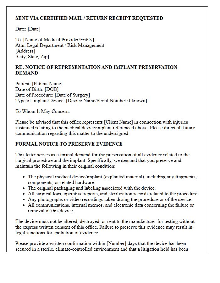 Notice of Representation and Implant Preservation Letter