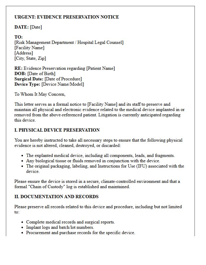 Pre-Litigation Medical Device Implant Preservation Letter