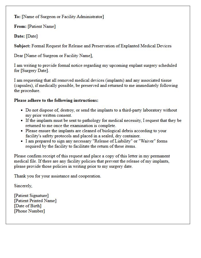 Explant Surgery Facility Implant Preservation Letter