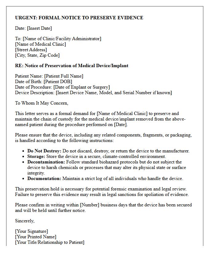 Medical Clinic Device Implant Preservation Hold Letter