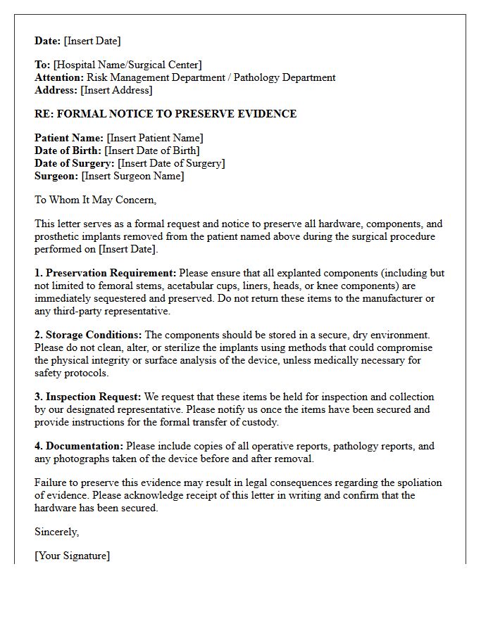 Joint Replacement Implant Preservation and Inspection Letter