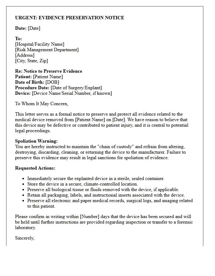 Medical Device Implant Spoliation of Evidence Warning Letter