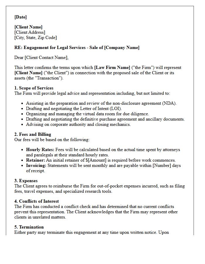 Sell-Side Legal Counsel Mergers and Acquisitions Engagement Letter