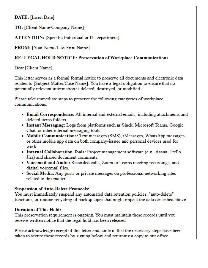 Client Advisory Workplace Communication Preservation Letter