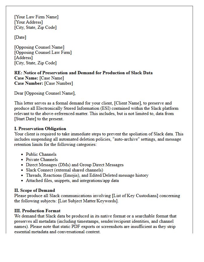 Opposing Counsel Slack Data Demand and Preservation Letter