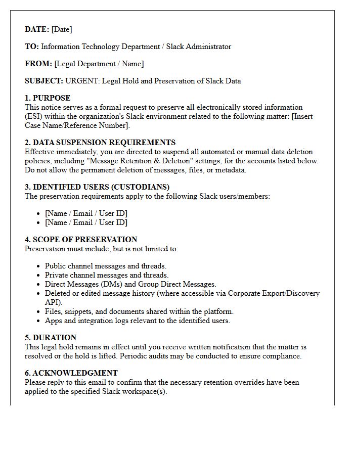 Information Technology Slack Data Suspension and Preservation Letter