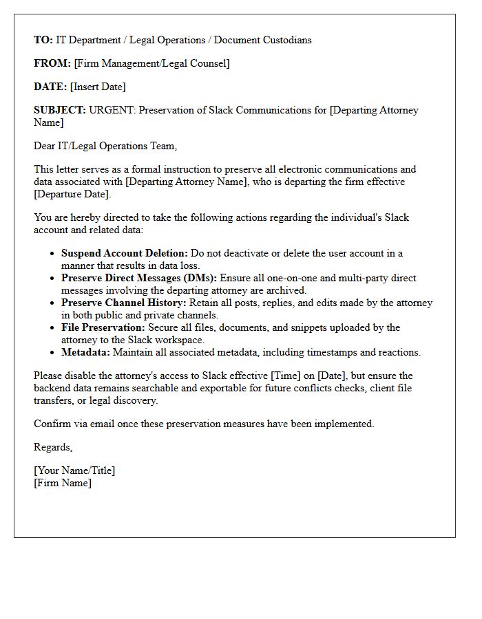 Departing Attorney Slack Communication Preservation Letter