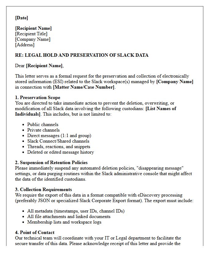 Electronic Discovery Vendor Slack Data Collection and Preservation Letter